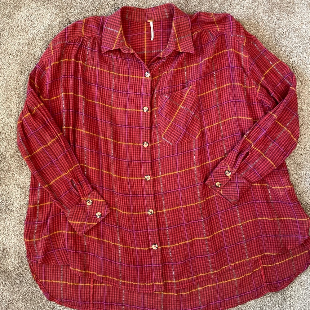 Free People L/S Red Plaid Top Size S